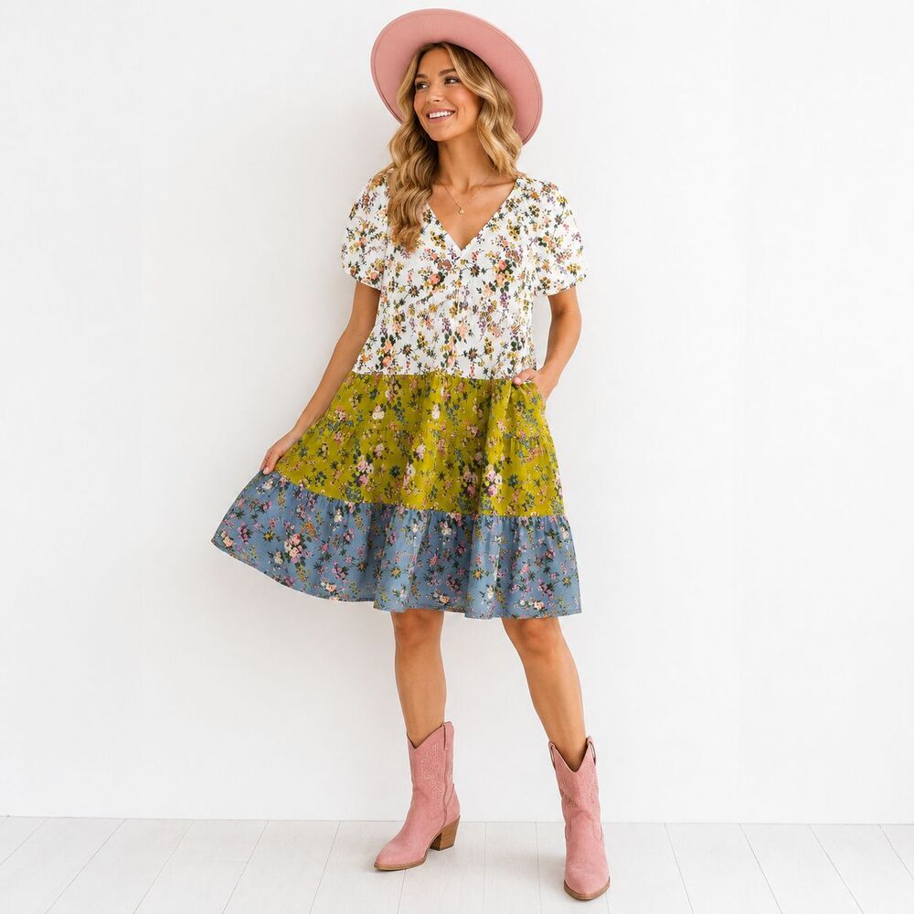 Entro Dress Women Large Floral Patchwork Tiered Puff Sleeve Cotton Cottage Boho